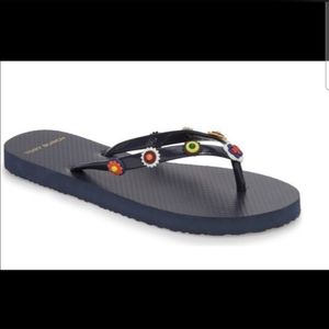 Tory Burch Marguerite navy flower flip flops 6.5/7